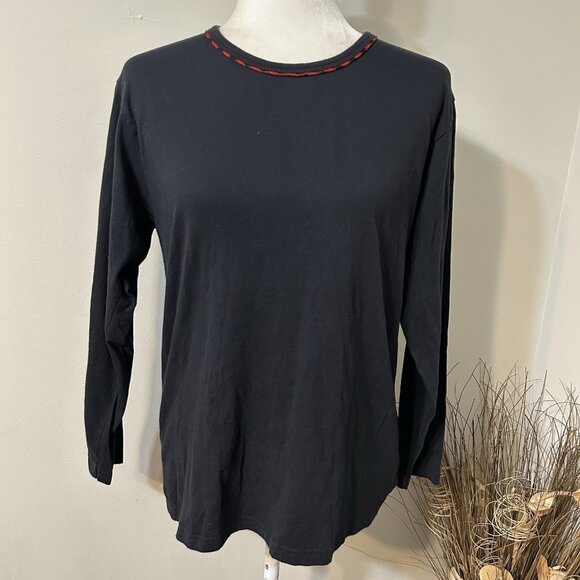 Mandal Bay Women Black Long Sleeve T-Shirt Top Crew Neck With Red Accent Sz M - Picture 1 of 5